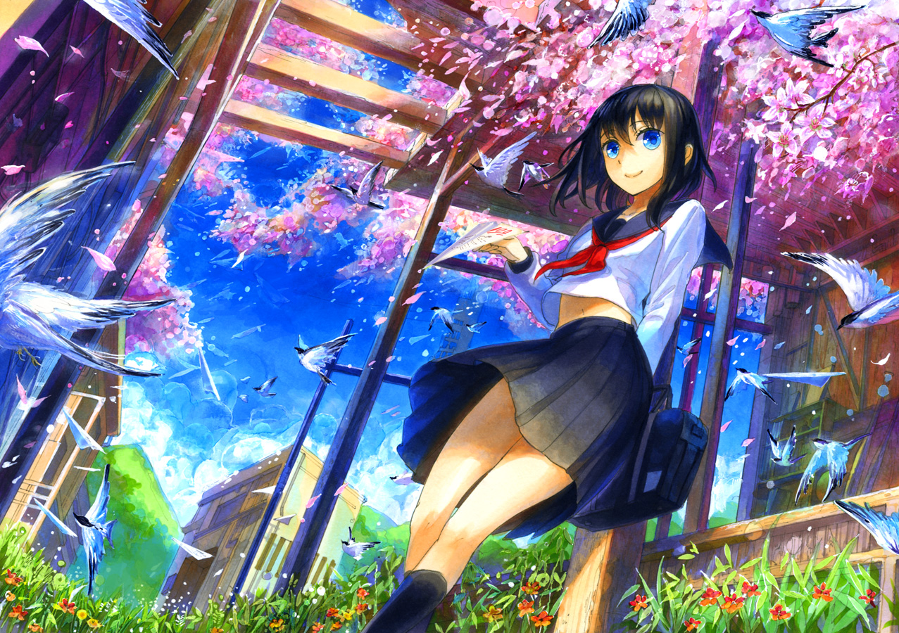 animal, bird, black_hair, blue_eyes, cherry_blossoms, flowers, fuumi_(radial_engine), grass