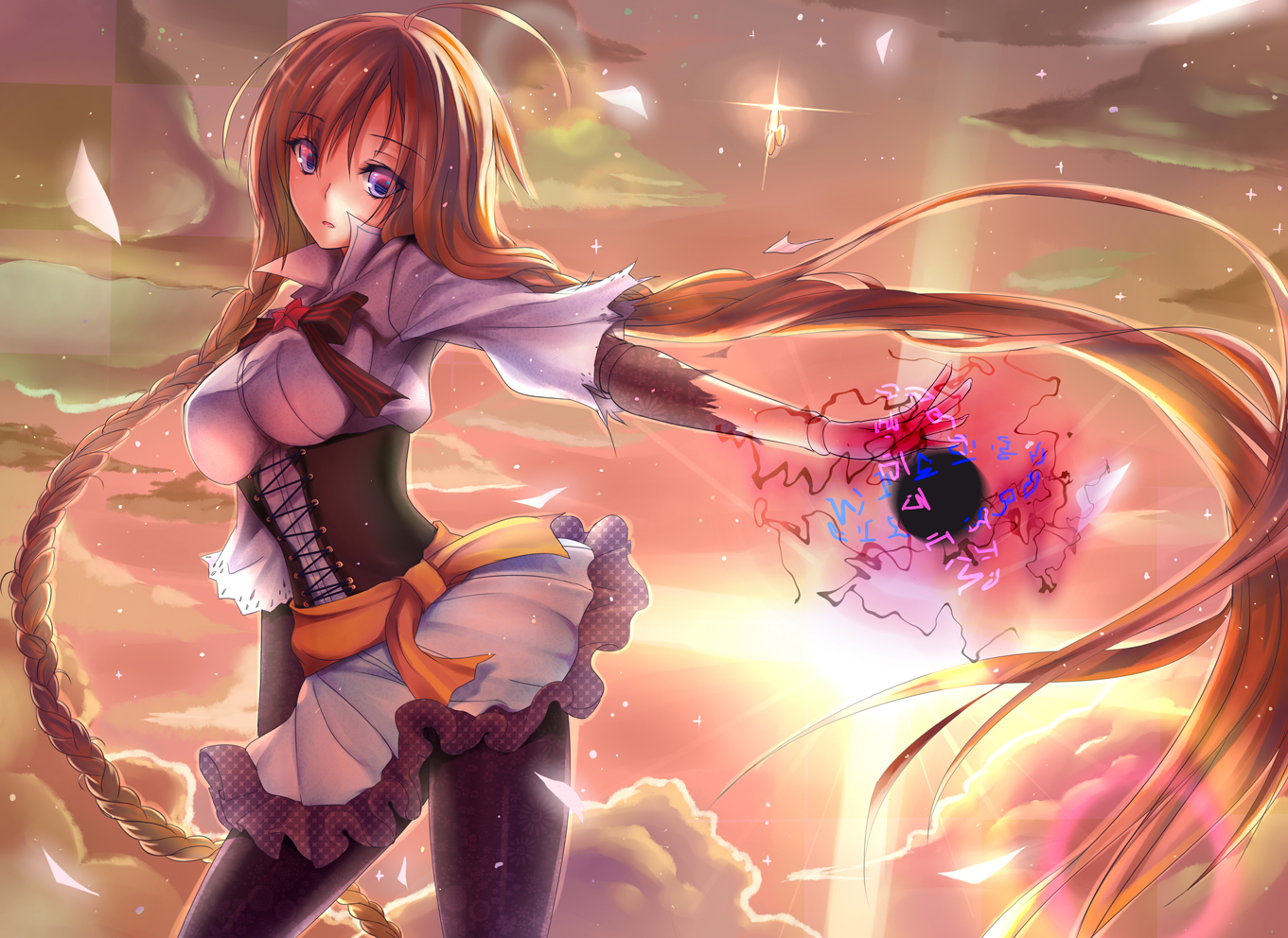 aki663, blue_eyes, braids, doll, long_hair, magic, orange_hair, original, pantyhose, pixiv_fantasia