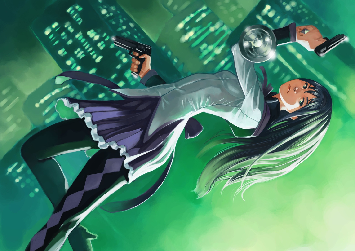 akemi_homura, black_hair, green_eyes, gun, mahou_shoujo_madoka_magica, tani_(sgt_epper), weapon