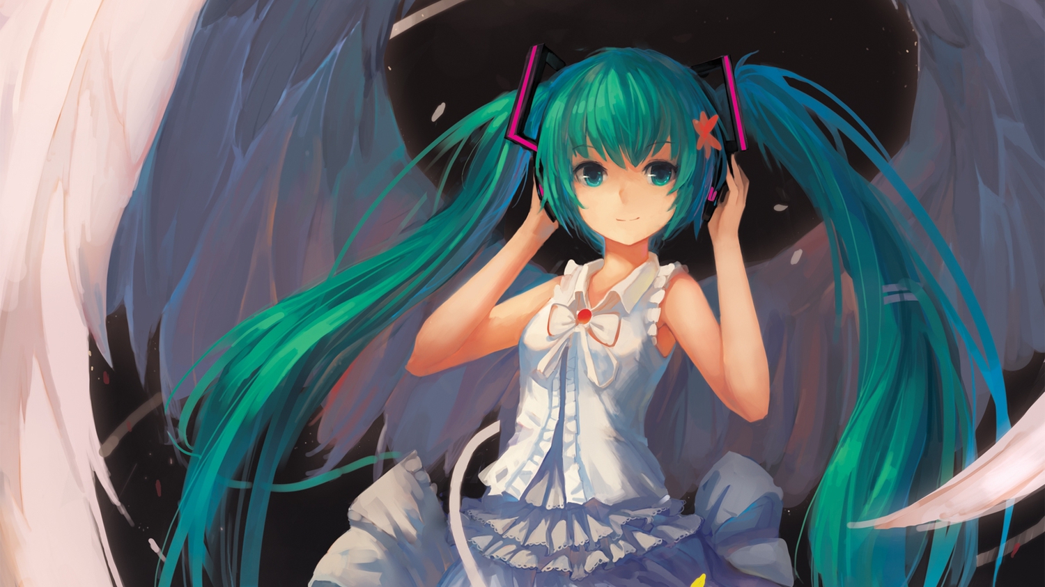 aqua_eyes, aqua_hair, cropped, flowers, fom_(lifotai), hatsune_miku, twintails, vocaloid