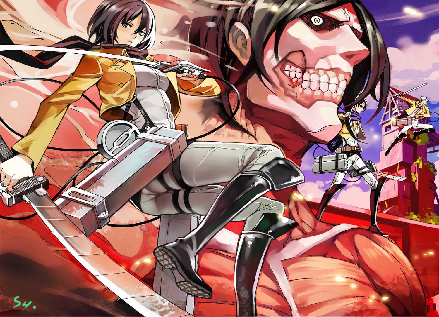 boots, levi_ackerman, male, mikasa_ackerman, rogue_titan, sanzhuangwangcat, scarf, shingeki_no_kyojin, sword, weapon