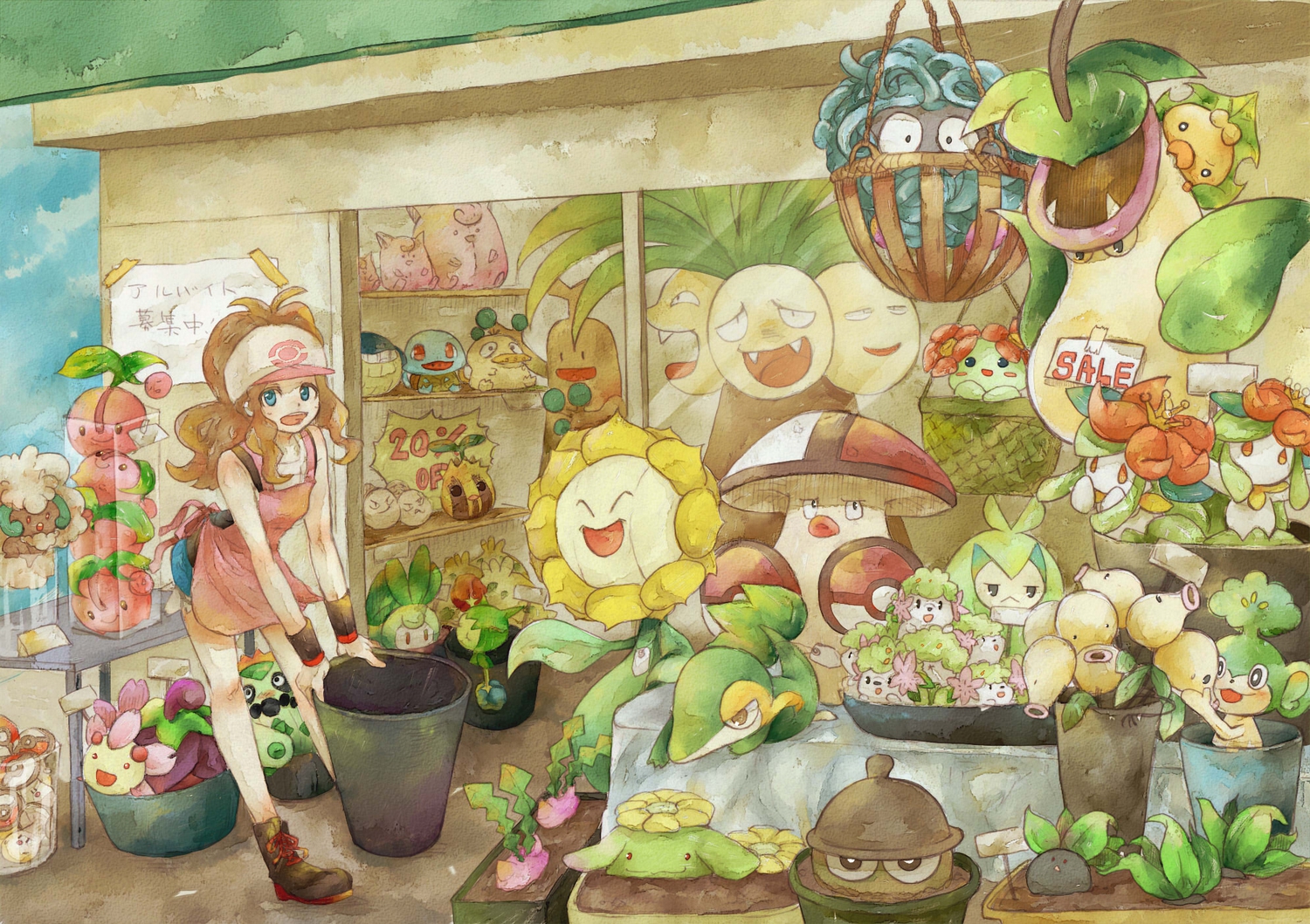amoonguss, bellossom, bellsprout, blue_eyes, brown_hair, cacnea, cherrim, cherubi, exeggcute, exeggutor, foongus, hat, hoppip, lilligant, oddish, pansage, pokemon, psyduck, roselia, seedot, sewaddle, shaymin, shroomish, skiploom, snivy, squirtle, sudowoodo, sunflora, sunkern, suzukizukizuki, swadloon, tangela, touko_(pokemon), victreebel, wailmer, whimsicott