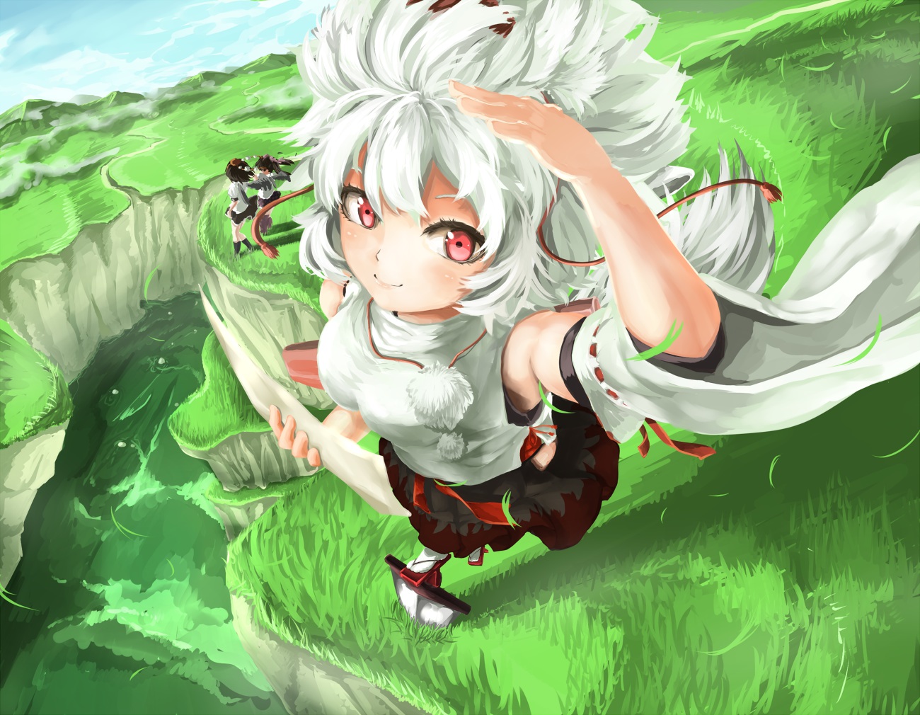 grass, himekaidou_hatate, inubashiri_momiji, red_eyes, rikkido, shameimaru_aya, touhou, white_hair, wolfgirl