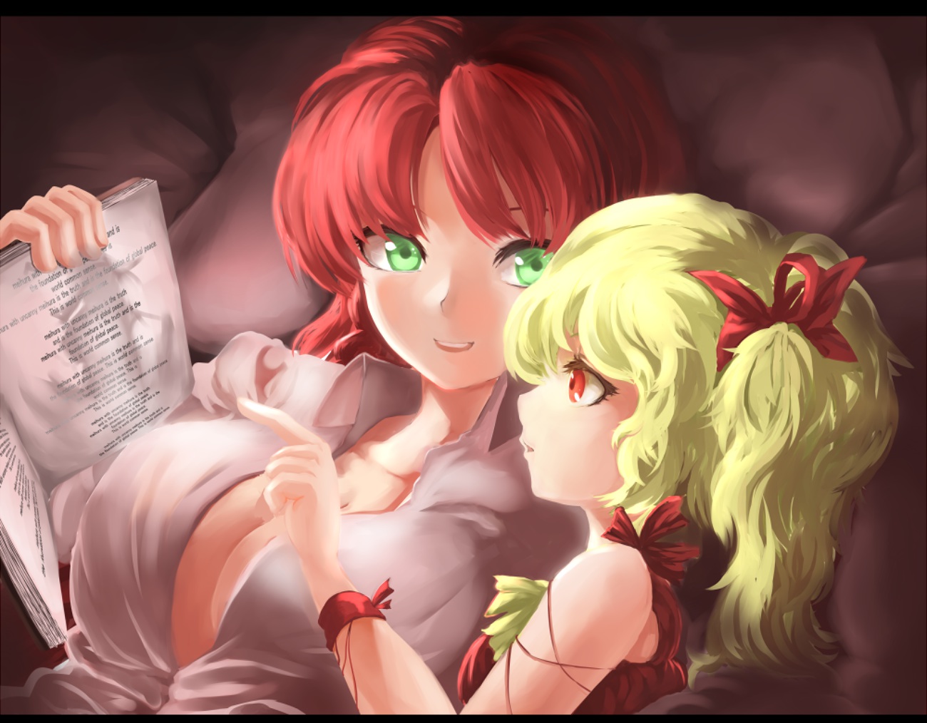 2girls, blonde_hair, book, breasts, cleavage, flandre_scarlet, green_eyes, hong_meiling