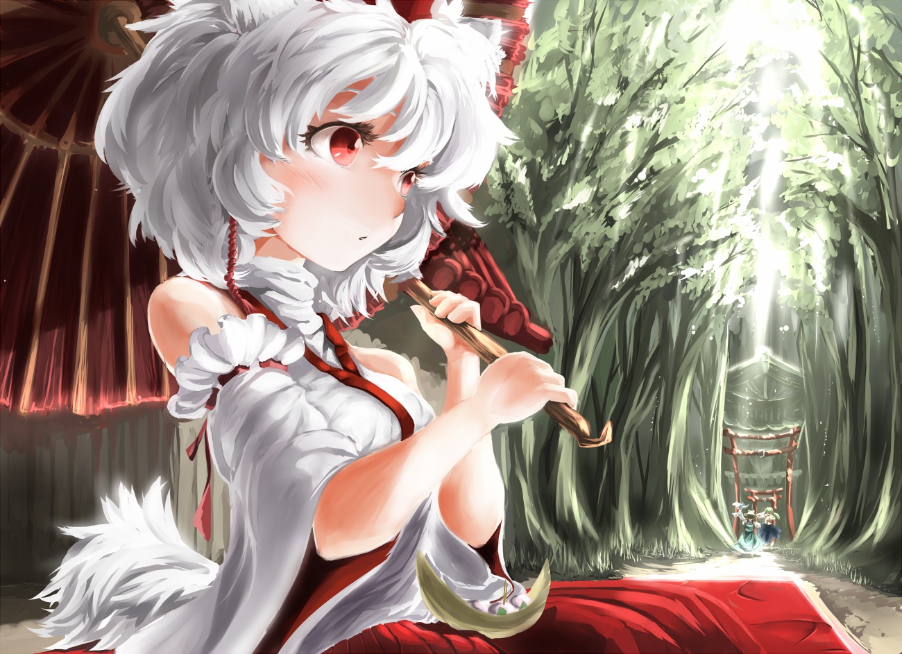 animal_ears, inubashiri_momiji, japanese_clothes, kochiya_sanae, miko, moriya_suwako, red_eyes, rikkido, short_hair, tail, torii, touhou, tree, umbrella, white_hair, wolfgirl