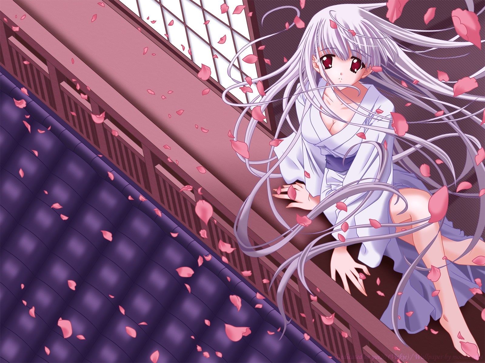 breasts, carnelian, cherry_blossoms, cleavage, flowers, japanese_clothes, kawakabe_momoka, kimono, long_hair, no_bra, red_eyes, touka_gettan, white_hair