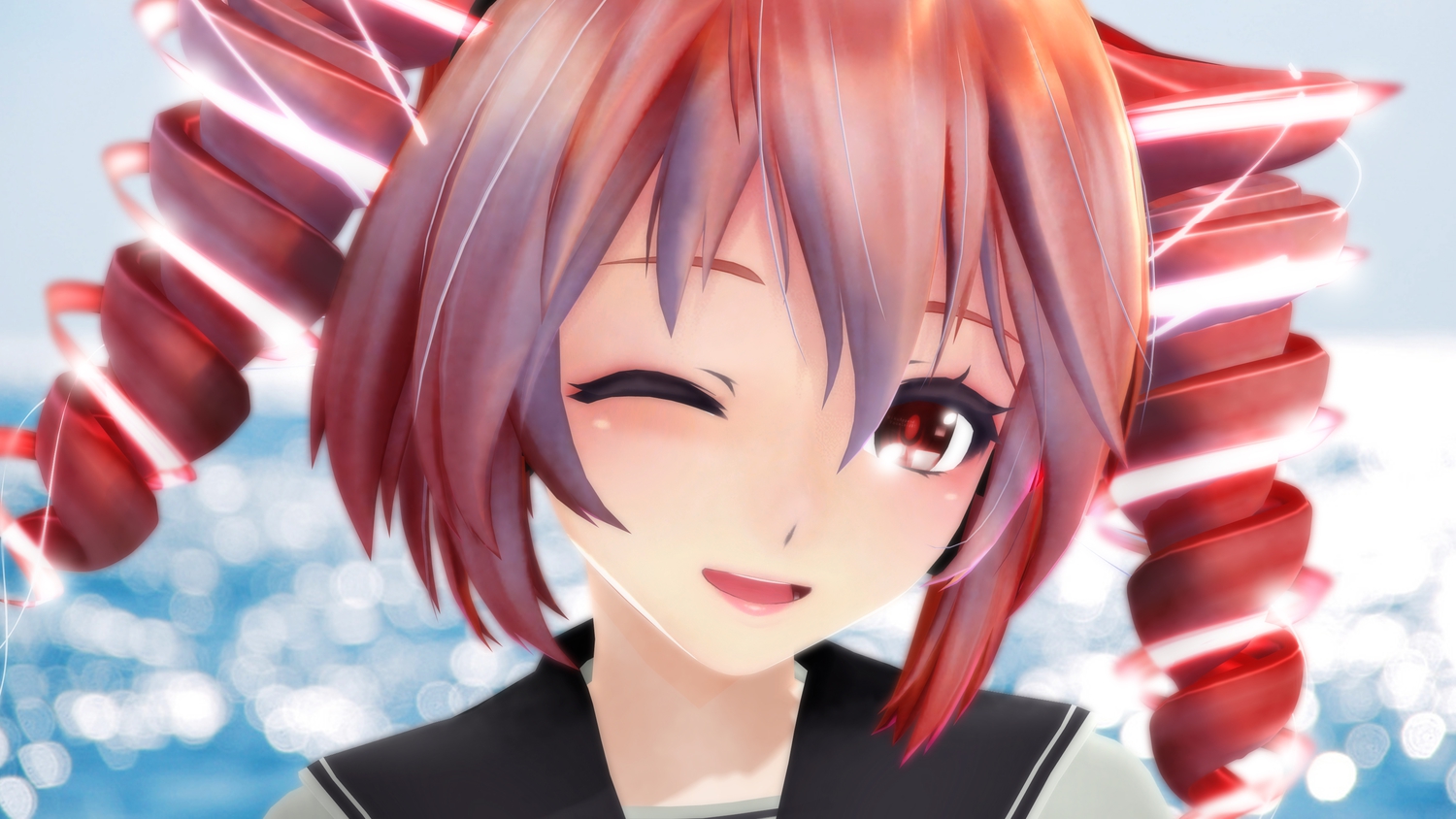 3d, close, ektyr_y, kasane_teto, red_eyes, red_hair, utau, wink