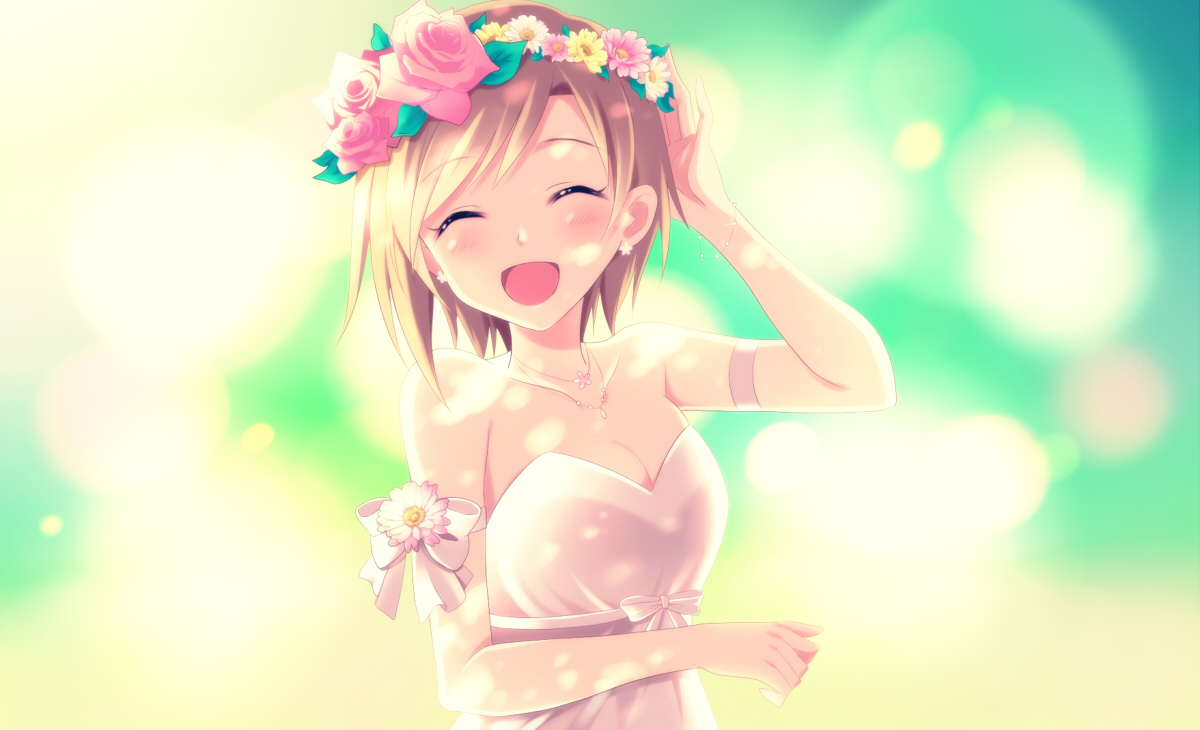 aiba_yumi, blush, bow, brown_hair, dress, flowers, headdress, idolmaster, idolmaster_cinderella_girls, kyu, necklace, short_hair