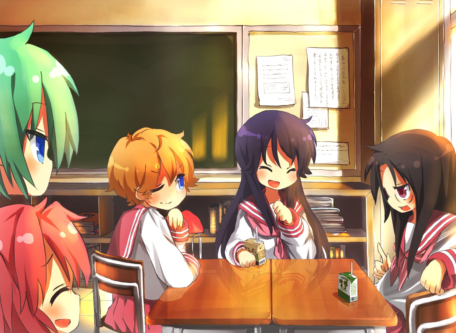 black_hair, blonde_hair, blue_eyes, book, drink, glasses, green_hair, group