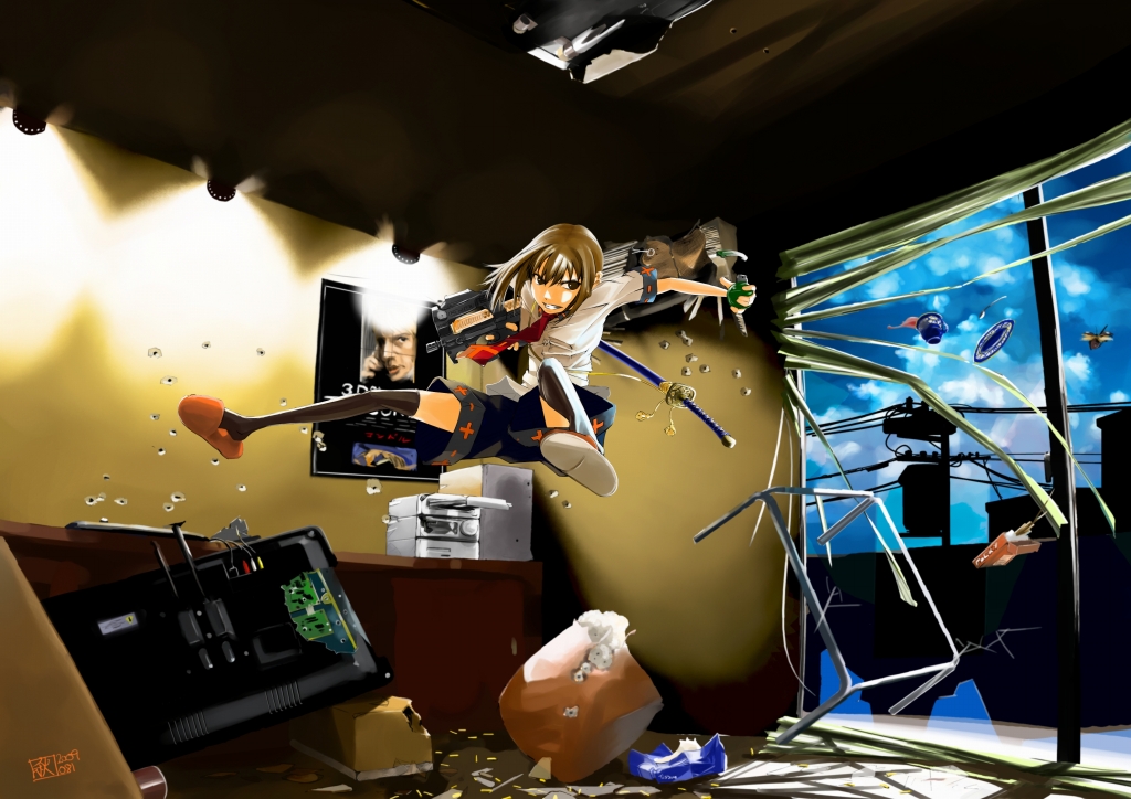 brown_eyes, brown_hair, chitose_shuusui, clouds, drink, food, gun, katana