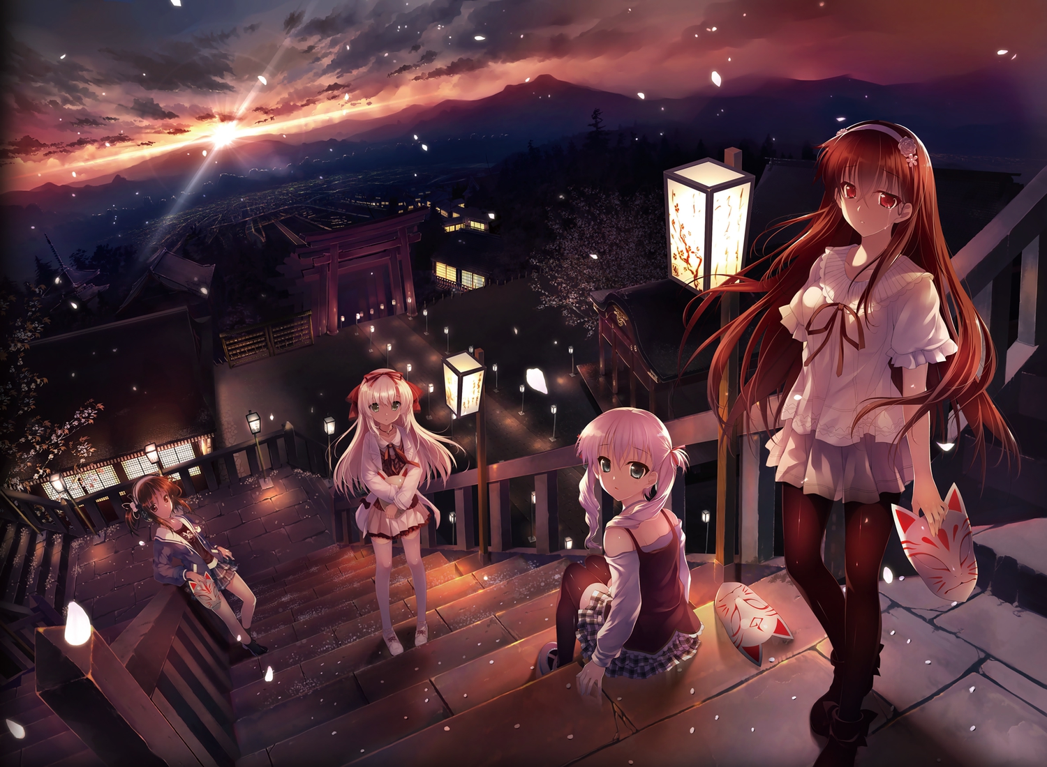 brown_eyes, brown_hair, clouds, green_eyes, group, hayakawa_harui, headband, landscape, lass, long_hair, mask, michioka_airi, okushiro_yuki, petals, scenic, shoujo_shiniki_shoujo_tengoku, sunset, takagi_sana, tears, thighhighs, tree, tsukamine_miori, youta