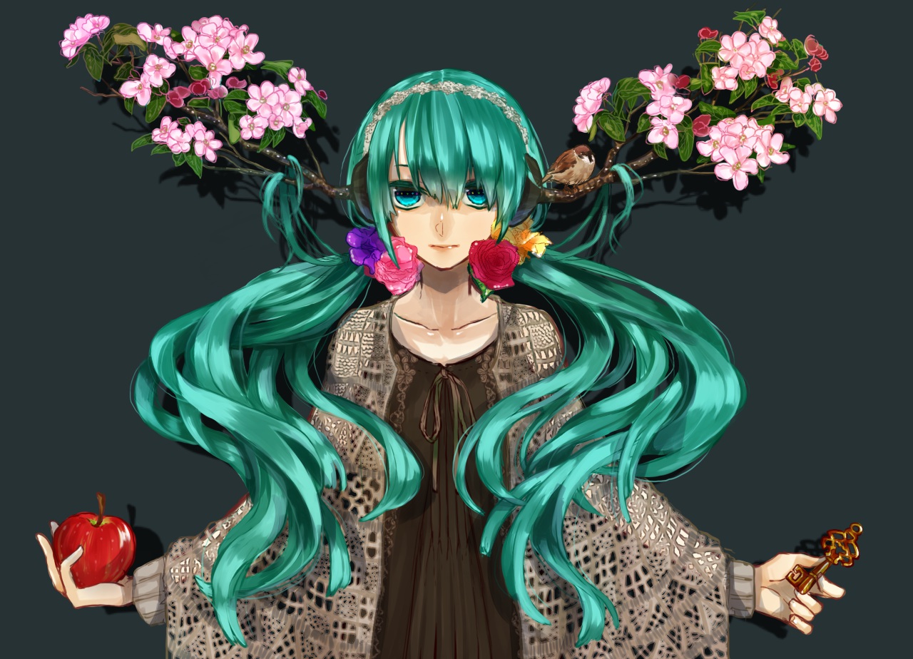 apple, aqua_eyes, aqua_hair, cherry_blossoms, flowers, food, fruit, hatsune_miku, headphones, long_hair, marimoris, rose, twintails, vocaloid