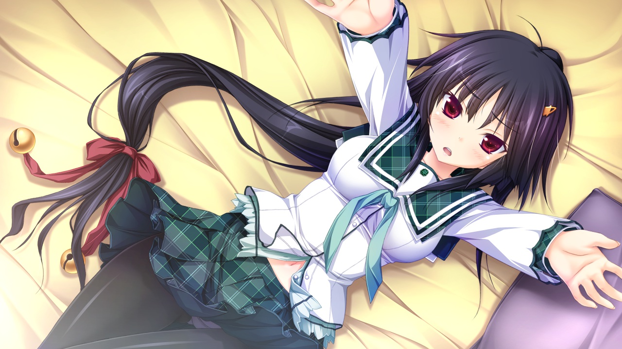 bed, black_hair, blush, game_cg, hapymaher, hasuno_saki, long_hair, pantyhose, purple_software, red_eyes, school_uniform, tsukimori_hiro