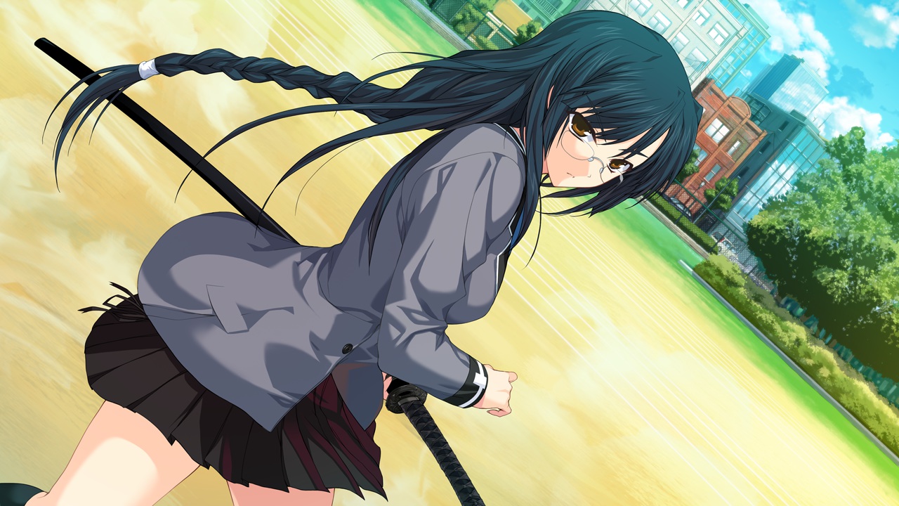 black_hair, braids, brown_eyes, game_cg, glasses, long_hair, onigirikun, pastel_chime, pastel_chime_bind_seeker, school_uniform, shinomiya_aoi, skirt, sword, weapon