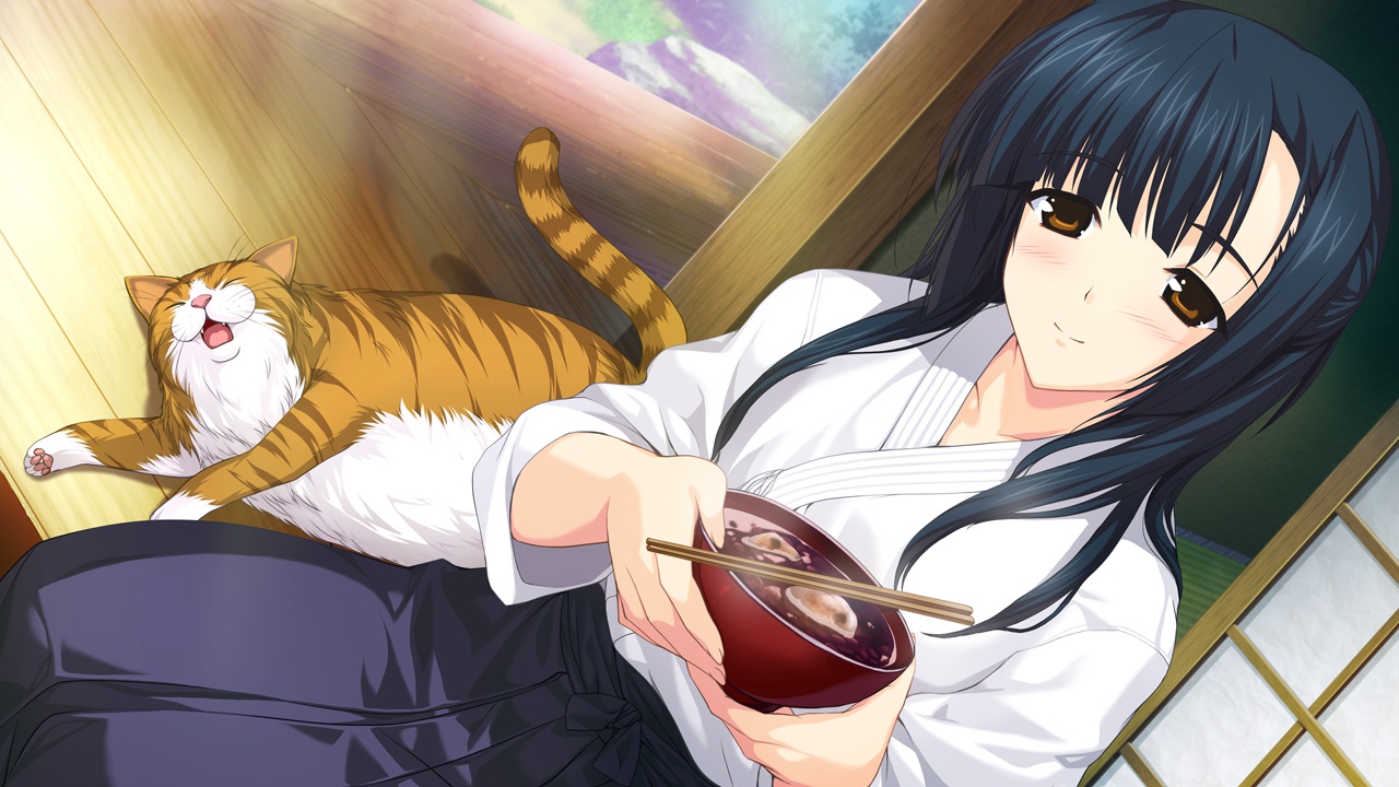 animal, black_hair, blush, brown_eyes, cat, food, game_cg, japanese_clothes, kimono, long_hair, onigirikun, pastel_chime, pastel_chime_bind_seeker, shinomiya_aoi