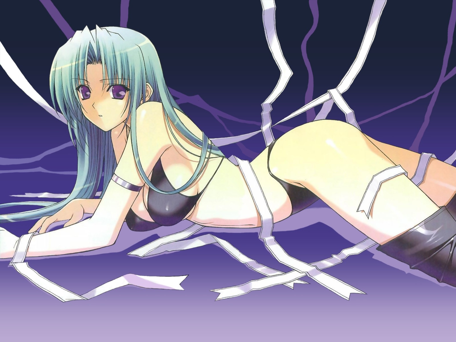 aqua_hair, bikini, long_hair, purple_eyes, ribbons, soul_link, suzuhira_hiro, swimsuit, yamanami_yu