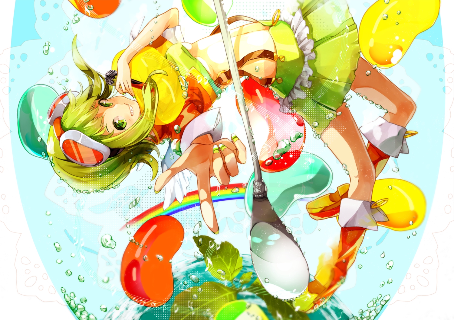 44sann, bubbles, candy, goggles, green_eyes, green_hair, gumi, microphone, navel, short_hair, vocaloid