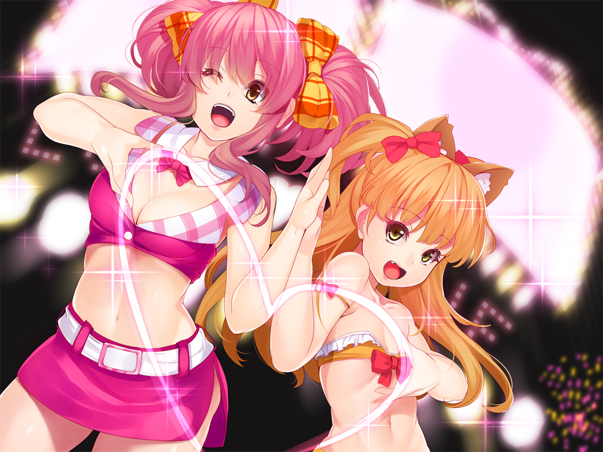 2girls, animal_ears, bow, breasts, brown_eyes, cleavage, heart, idolmaster, idolmaster_cinderella_girls, jougasaki_mika, jougasaki_rika, loli, long_hair, navel, orange_hair, pink_hair, ribbons, wink, yellow_eyes, yuuji_(yukimimi)