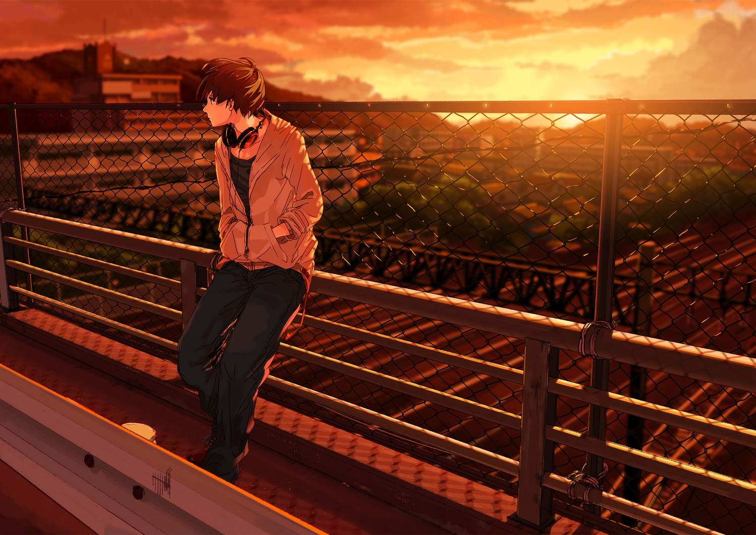 all_male, building, headphones, kurono-kuro, male, original, scenic, short_hair, sunset