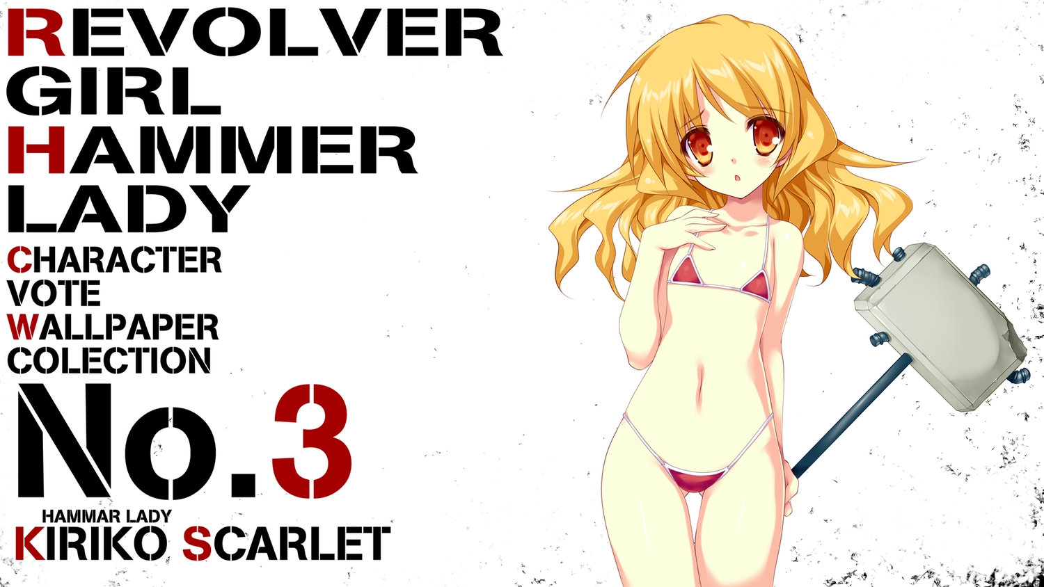 bikini, blonde_hair, flat_chest, navel, revolver_girl_hammer_lady, scarlet_kiriko, shimesaba_kohada, swimsuit, weapon, white, yellow_eyes