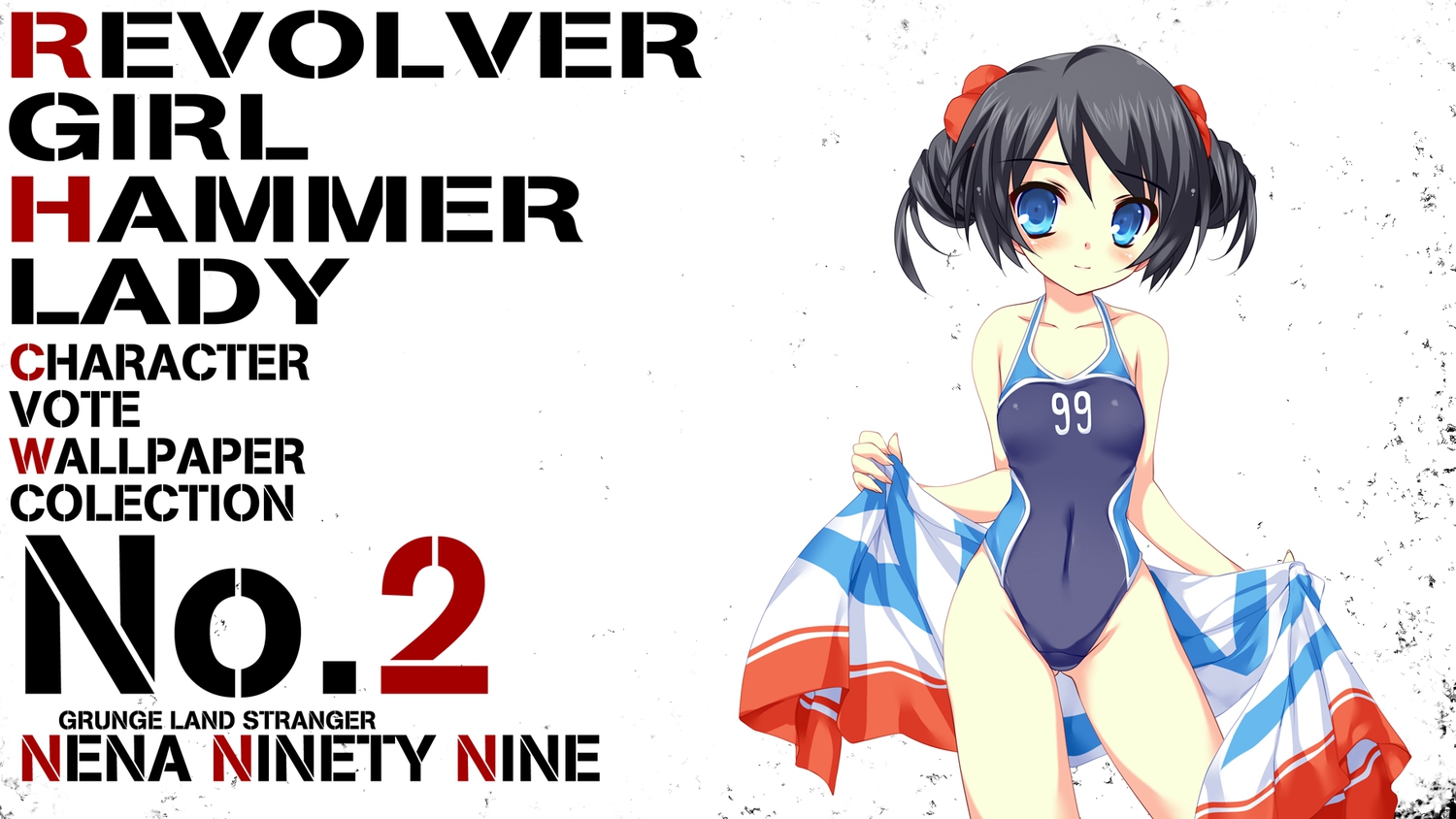 black_hair, blue_eyes, blush, ninety-nine_nena, revolver_girl_hammer_lady, shimesaba_kohada, short_hair, swimsuit
