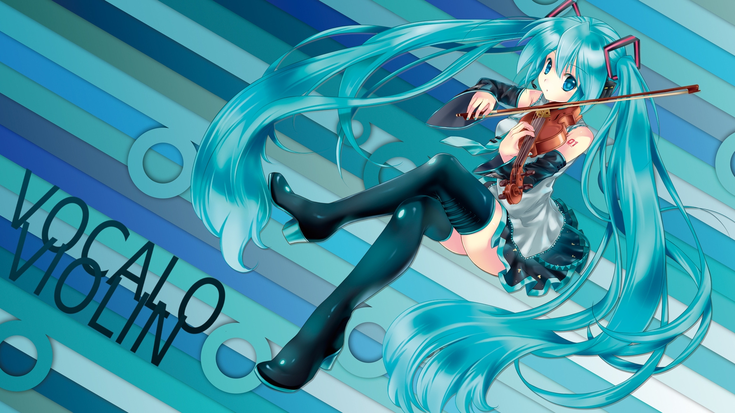 aqua_hair, blue_eyes, hatsune_miku, instrument, long_hair, thighhighs, tie, twintails, uemoto_masato, violin, vocaloid