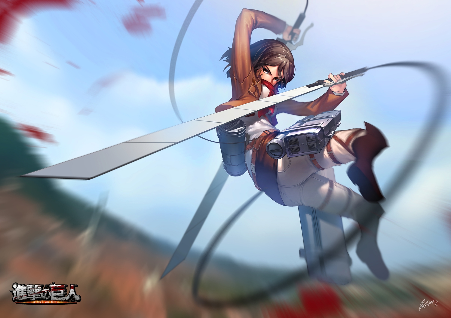 boots, brown_eyes, brown_hair, logo, mikasa_ackerman, rheez, scarf, shingeki_no_kyojin, short_hair, signed, weapon