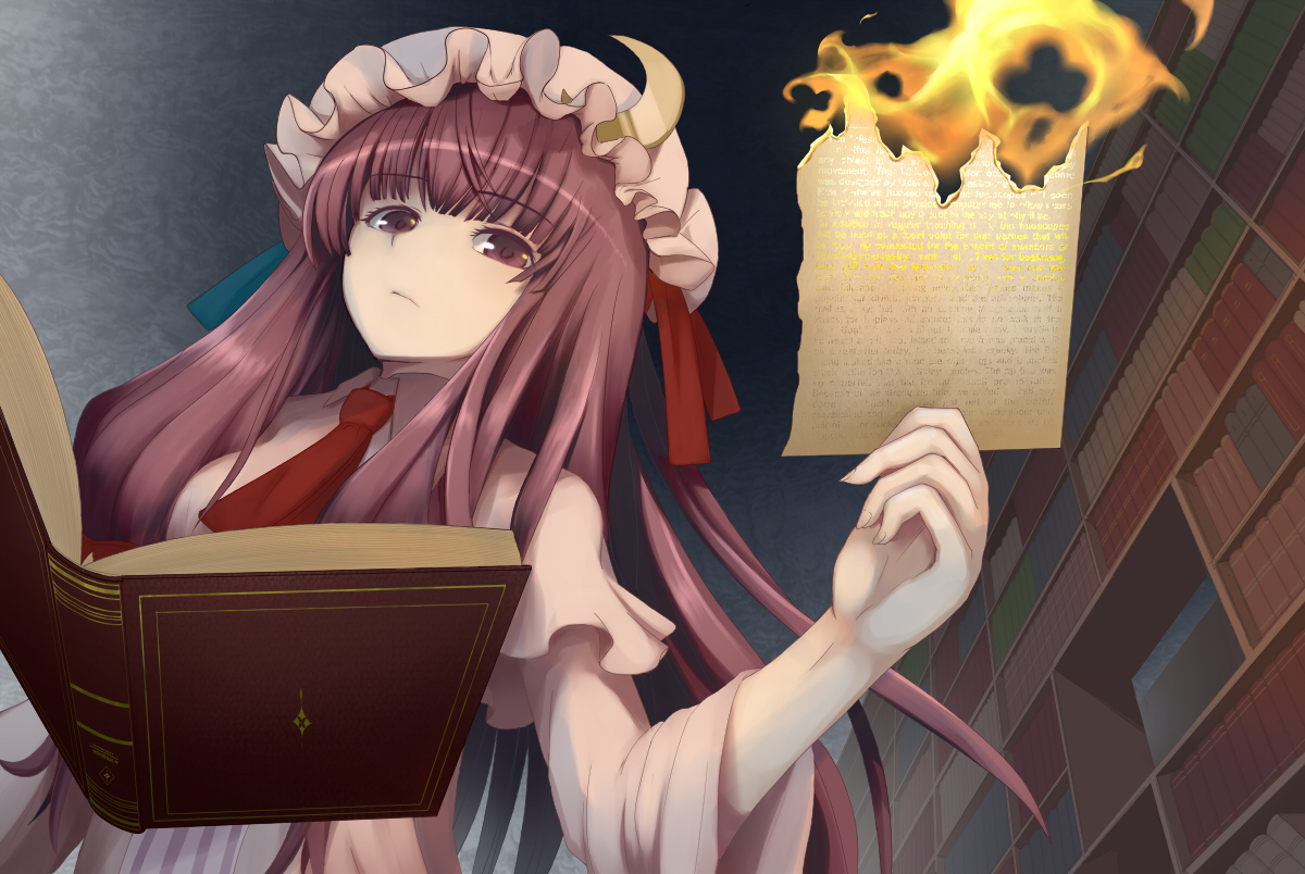 book, fire, paper, patchouli_knowledge, shiro-inu, touhou