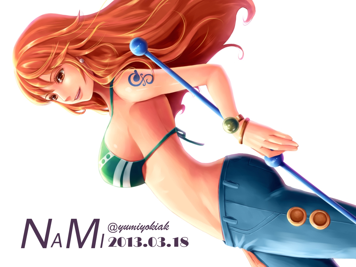 bikini_top, breasts, brown_eyes, nami, one_piece, orange_hair, white, yumiyokiak