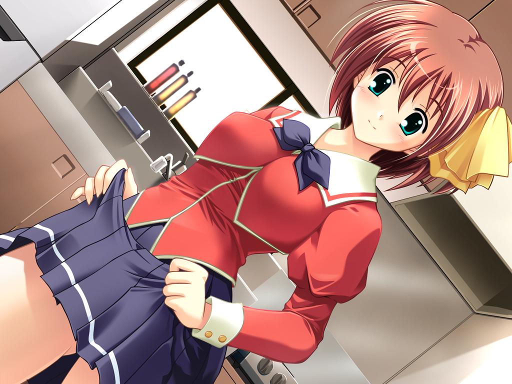 aqua_eyes, blush, brown_hair, kamishiro_haruna, koi_q!, school_uniform, short_hair, skirt