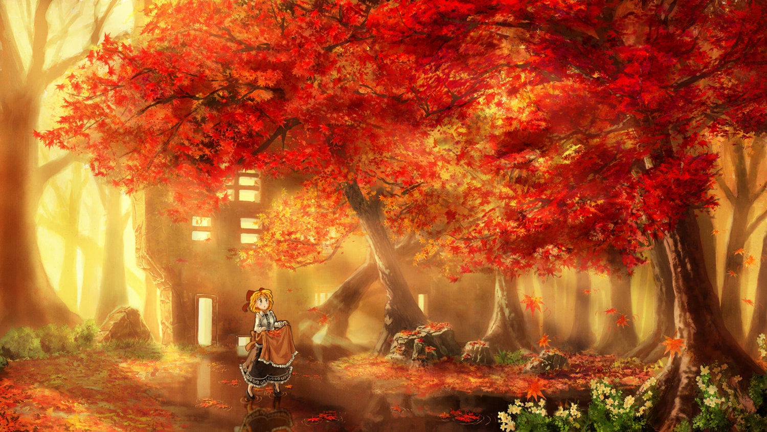 apron, autumn, building, flowers, forest, kakisuke, original, scenic, tree, water