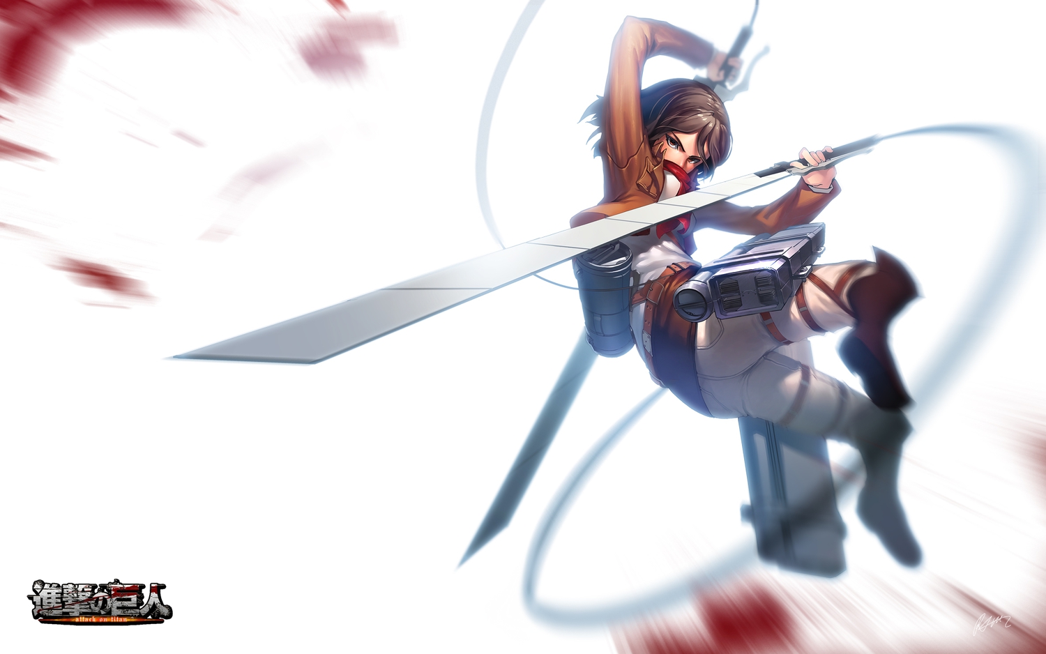 boots, brown_eyes, brown_hair, logo, mikasa_ackerman, rheez, scarf, shingeki_no_kyojin