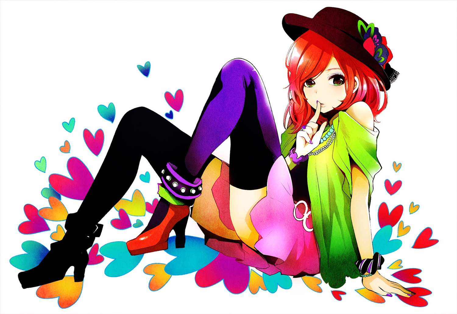 green_eyes, hat, red_hair, thighhighs, vocaloid, weda_(artist)