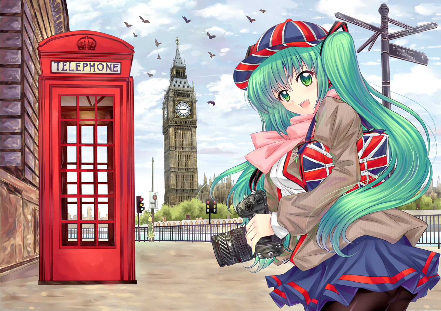 animal, bird, building, camera, green_eyes, green_hair, halodark, hat, hatsune_miku, kagamine_rin, long_hair, pantyhose, scarf, skirt, twintails, vocaloid