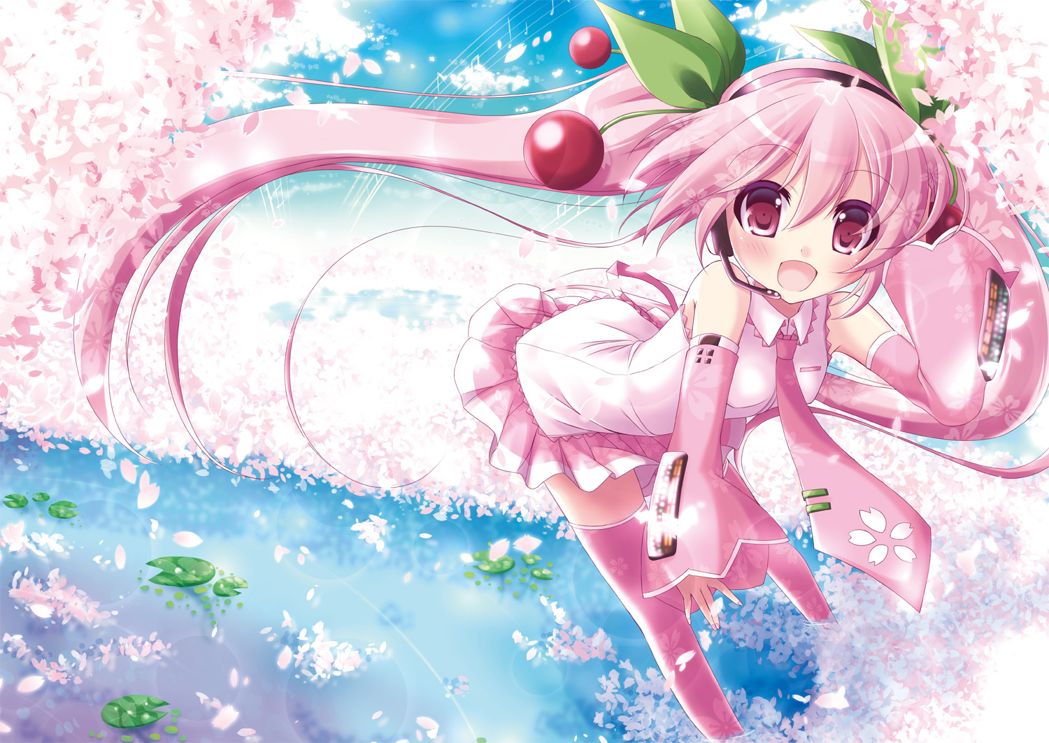 cherry_blossoms, flowers, hatsune_miku, jpeg_artifacts, long_hair, petals, pink_eyes, pink_hair, sakura_miku, thighhighs, tougo, twintails, vocaloid