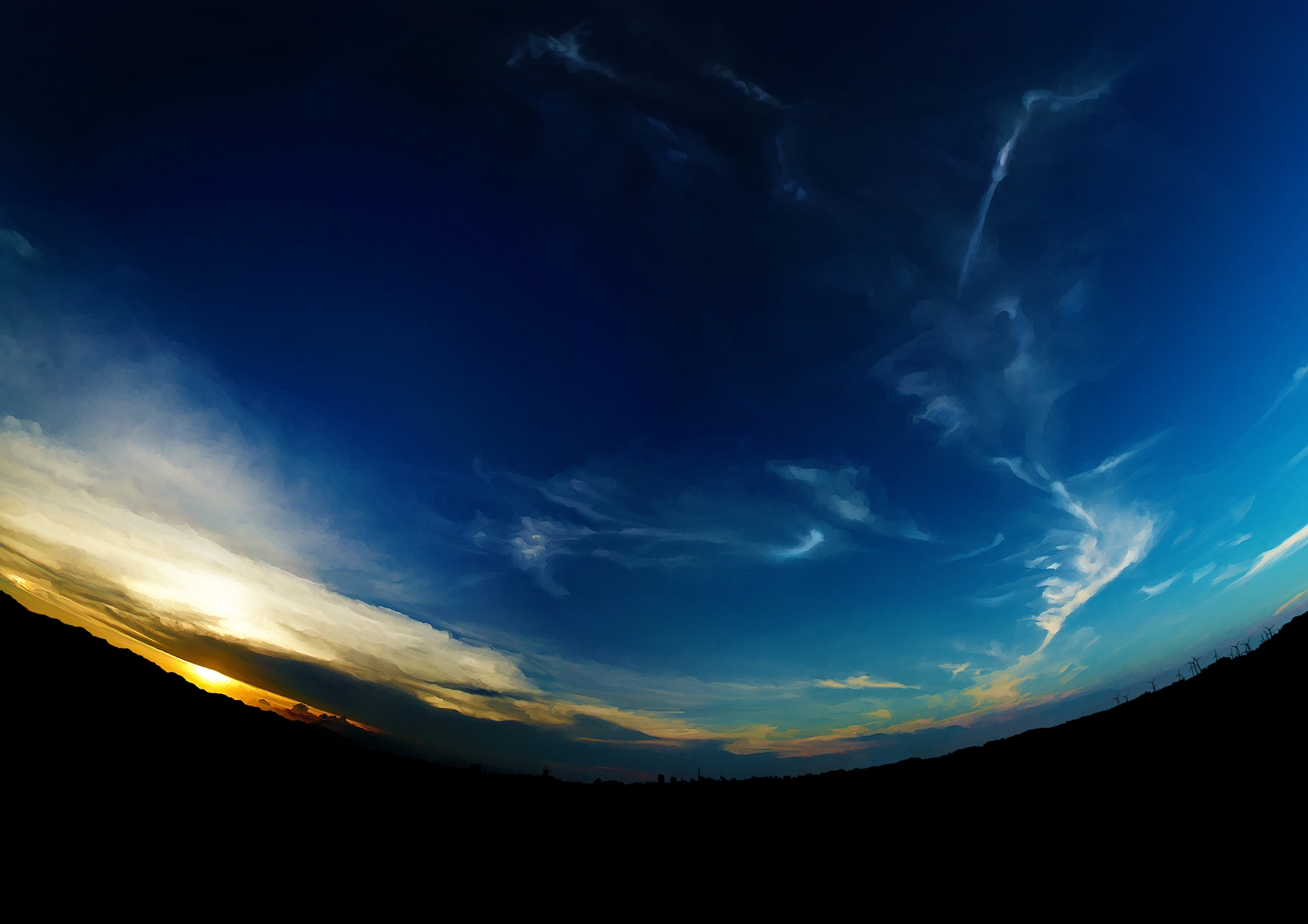 clouds, no_humans, original, scenic, shimei_jien, sky, sunset, windmill