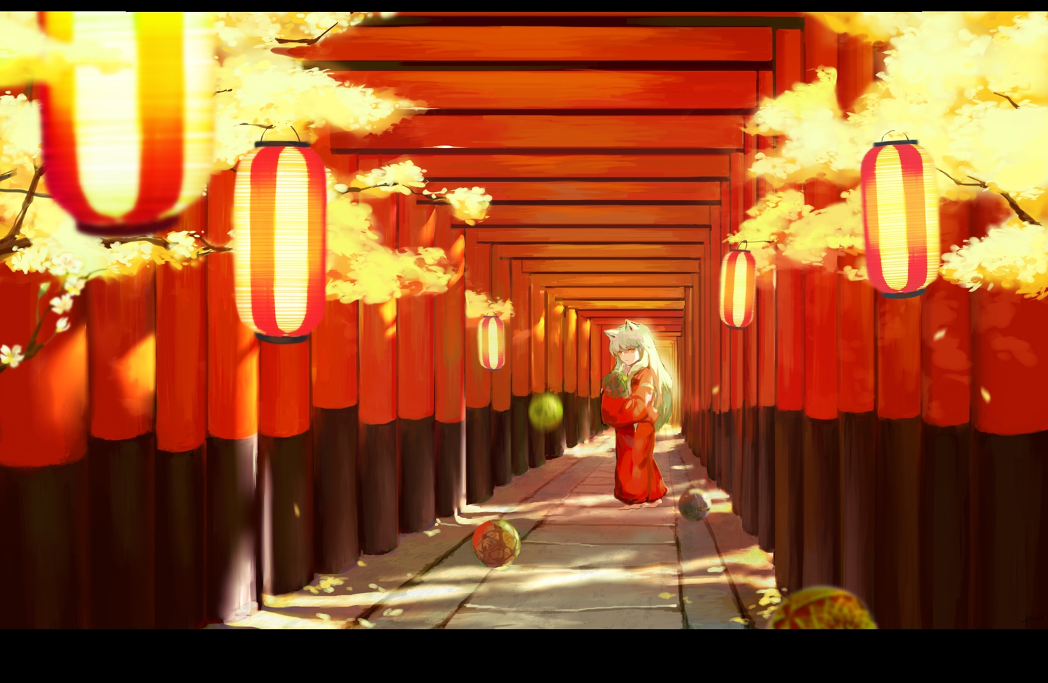 animal_ears, inuyasha, inuyasha_(character), japanese_clothes, par., red_eyes, torii, white_hair