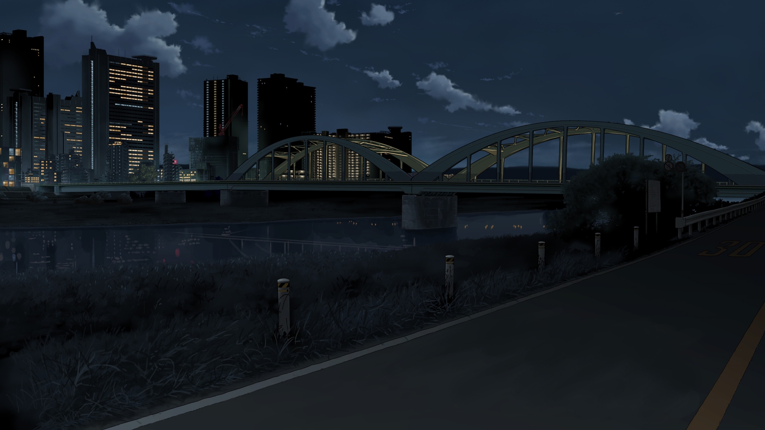 building, city, clouds, grass, isai_shizuka, night, no_humans, original
