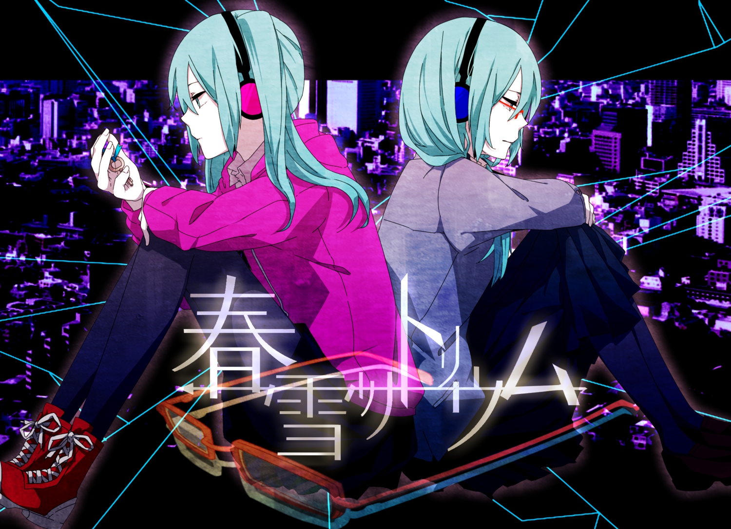 aqua_eyes, aqua_hair, building, city, glasses, hatsune_miku, headphones, long_hair, sorakura_shikiji, twintails, vocaloid