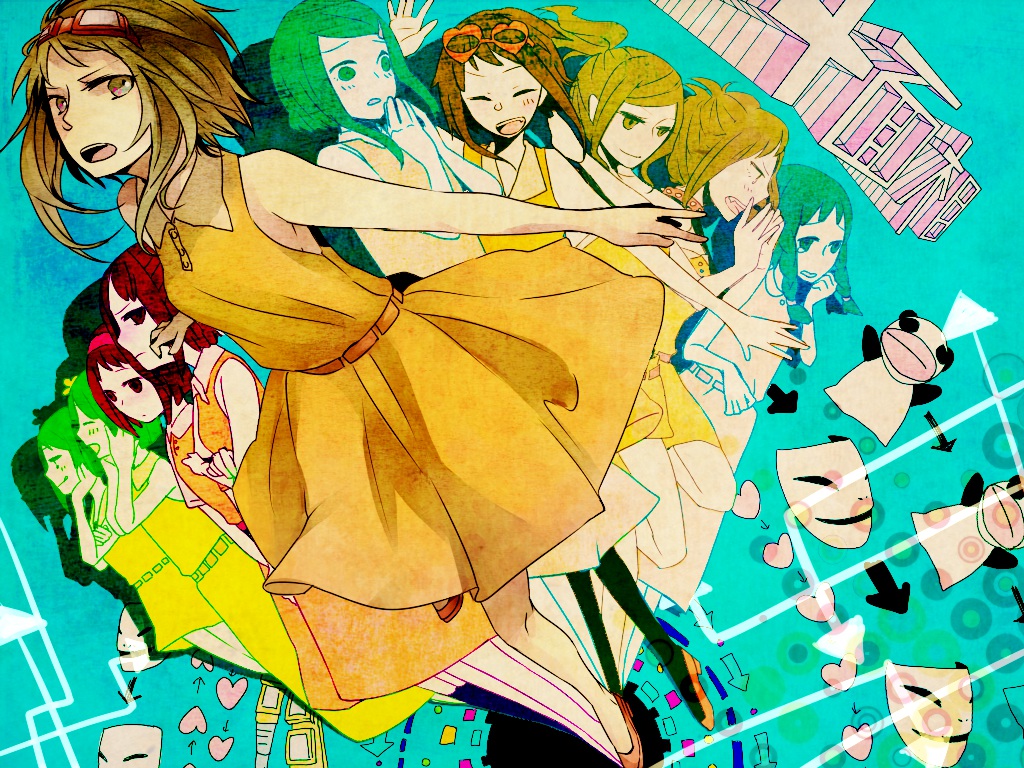 dress, glasses, goggles, green_eyes, green_hair, gumi, juu_mensou_(vocaloid), short_hair