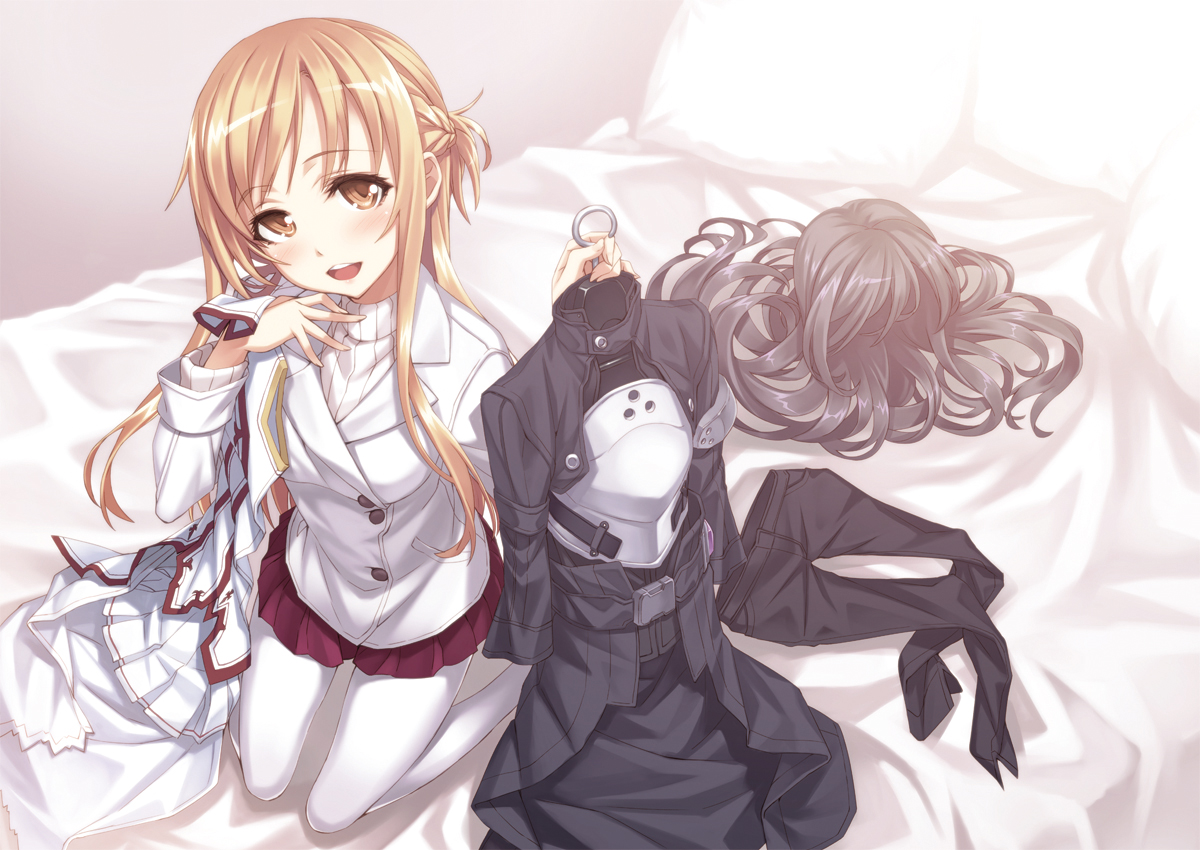 bed, blonde_hair, brown_eyes, matsuryuu, sword_art_online, uniform, yuuki_asuna