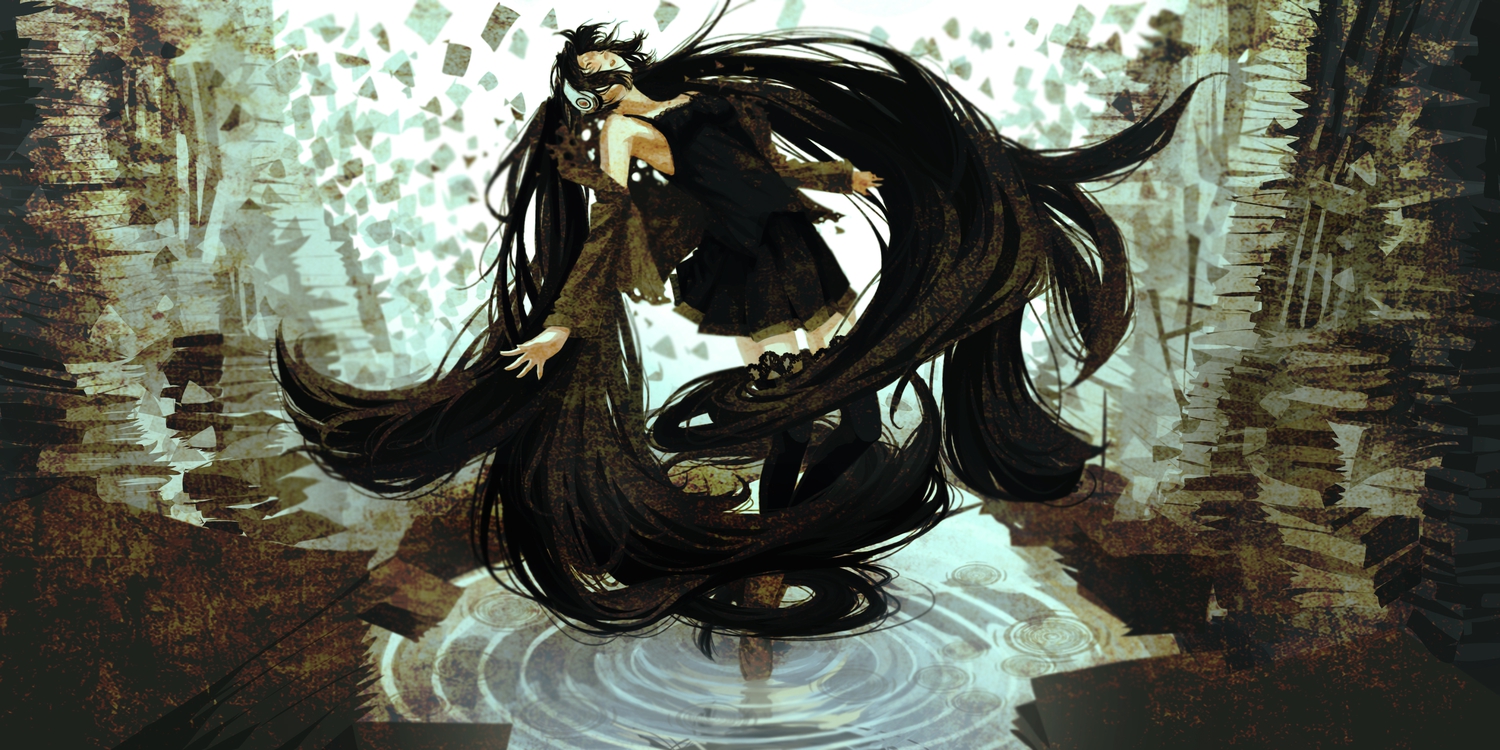 black_hair, chouwaru_rose, hatsune_miku, headphones, long_hair, vocaloid