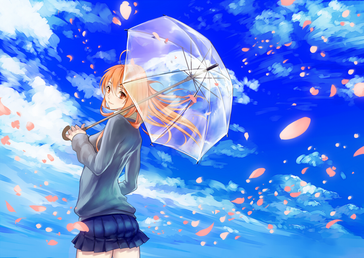 blonde_hair, brown_eyes, clouds, long_hair, original, petals, sky, tamachi_kuwa