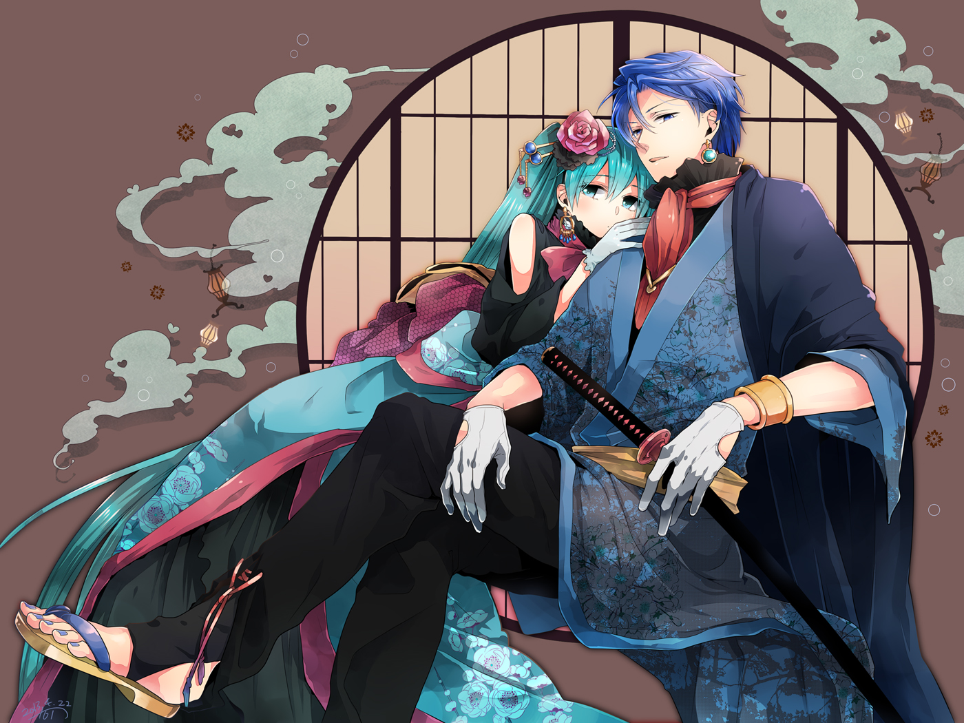 hatsune_miku, irono_yoita, japanese_clothes, kaito, katana, male, signed, sword, vocaloid, weapon