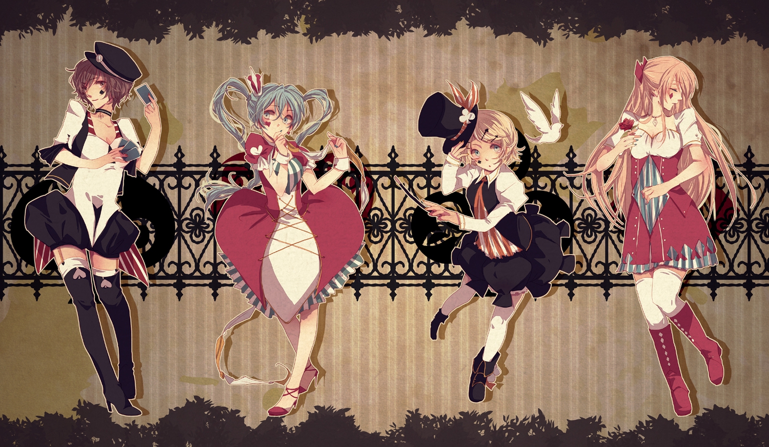 dress, hat, hatsune_miku, jikei, kagamine_rin, long_hair, megurine_luka, meiko, short_hair, stockings, thighhighs, twintails, vocaloid