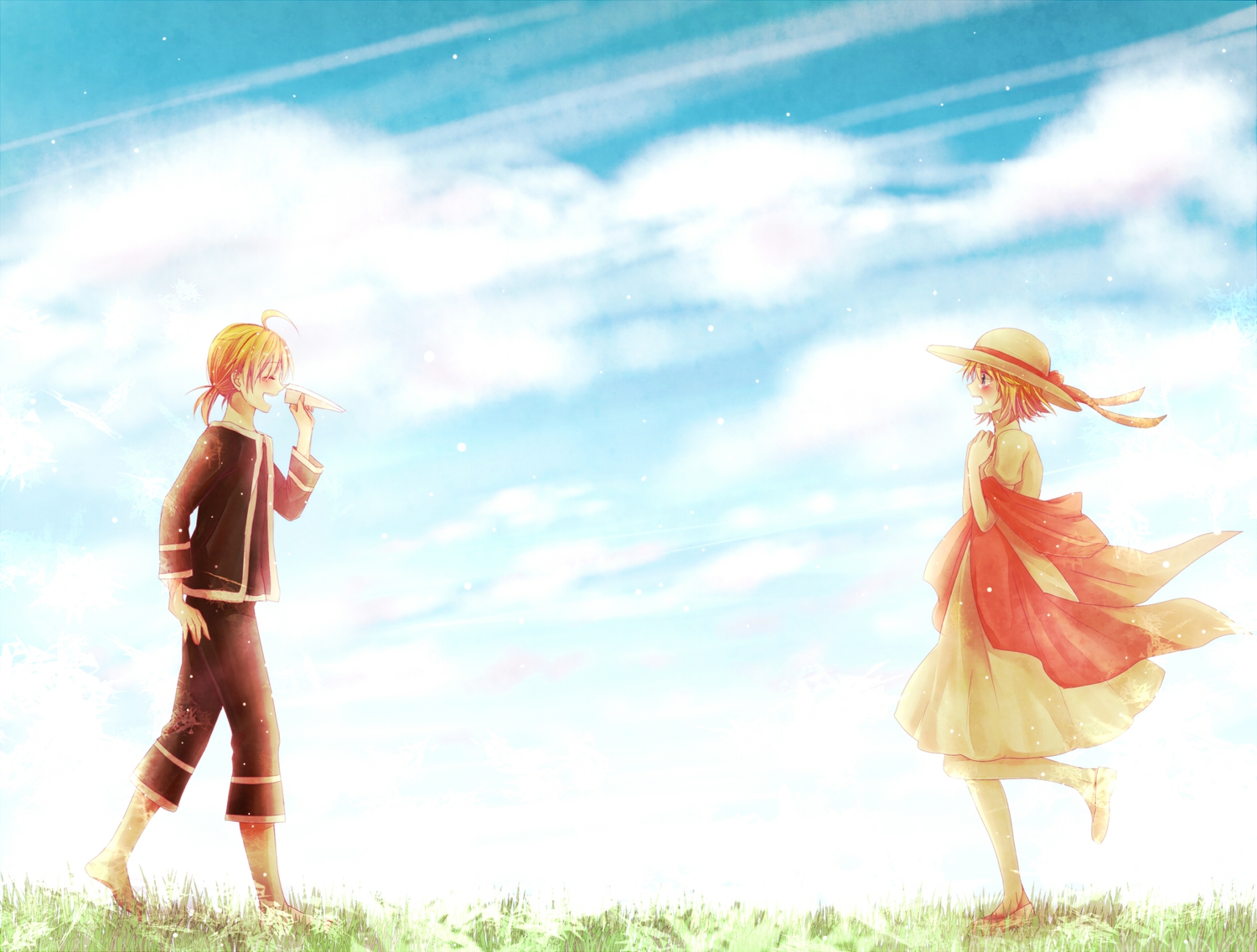 blonde_hair, blue_eyes, dress, hat, kagamine_len, kagamine_rin, male, modoromi, paper_plane_(vocaloid), prisoner_(vocaloid), sky, vocaloid