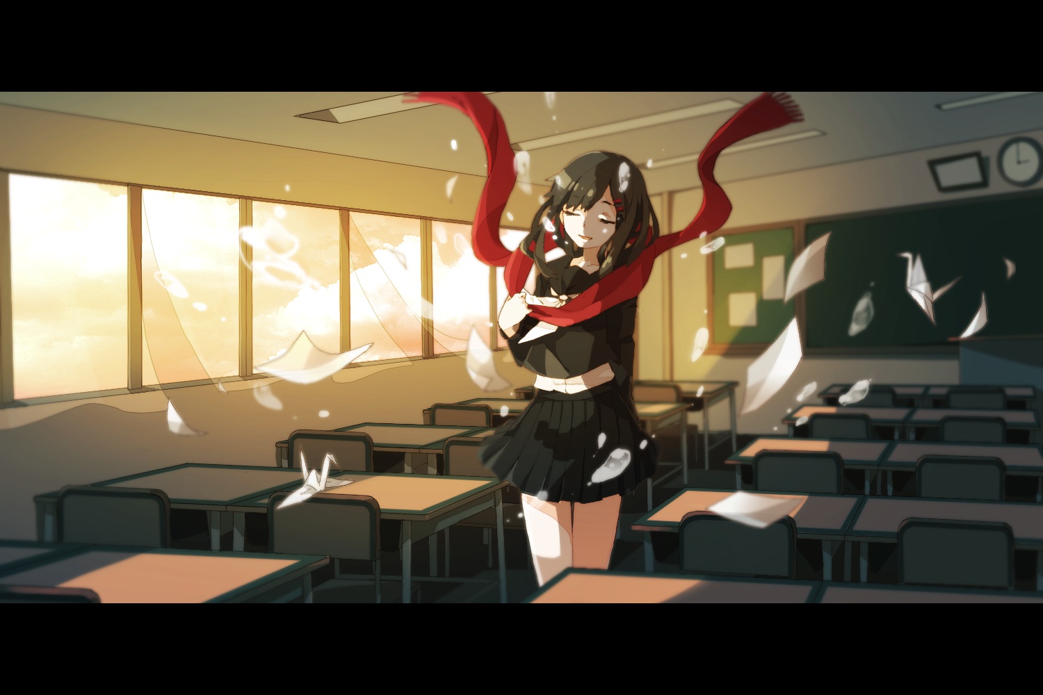 black_hair, kagerou_project, lemontea, lost_time_memory_(vocaloid), paper, scarf, skirt, tateyama_ayano, vocaloid
