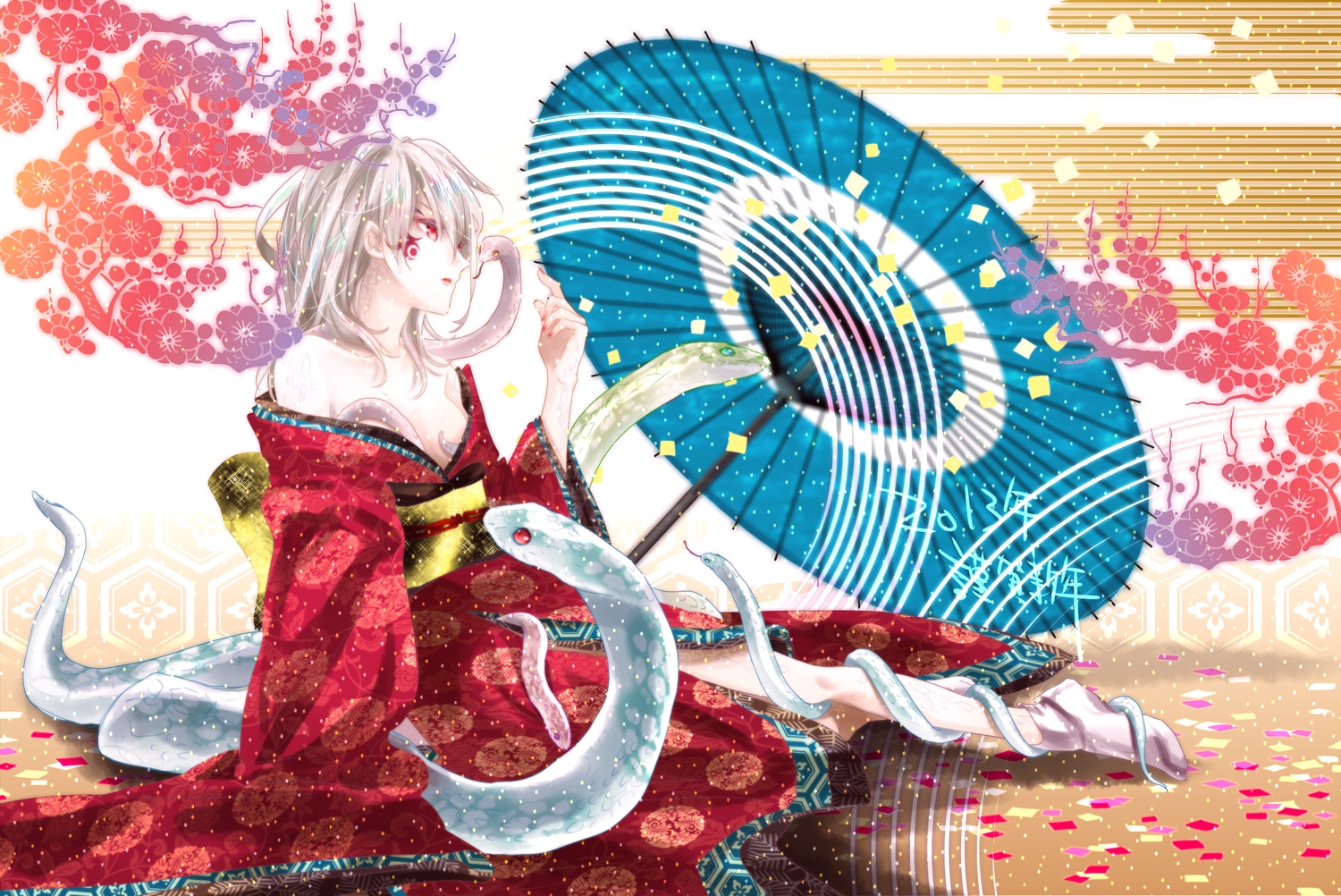 animal, genderswap, hii101, japanese_clothes, kimono, red_eyes, snake, tattoo, umbrella, white_hair, zaregoto_series, zerozaki_hitoshiki