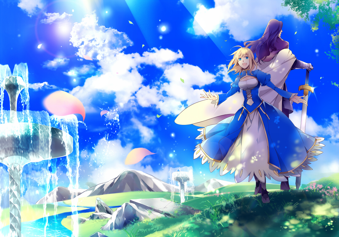 artoria_pendragon_(all), clouds, fate_(series), fate/stay_night, fate/zero, futaba_hazuki, lancelot_(fate), petals, saber, sword, water, weapon