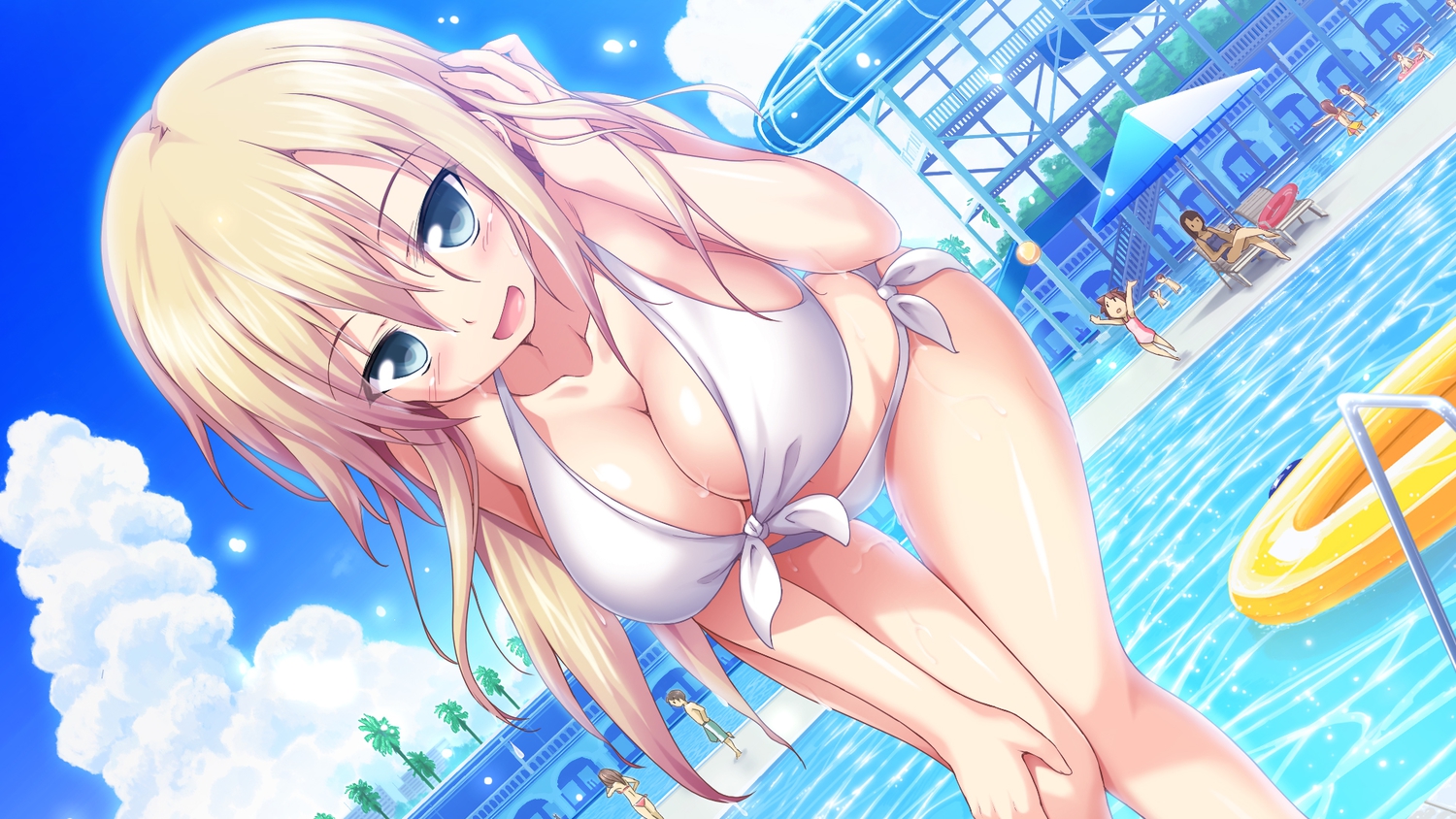 bikini, blonde_hair, breasts, cleavage, gray_eyes, love_of_renai_koutei_of_love!, ootori_erika, oozora_itsuki, swimsuit, underwear, wet